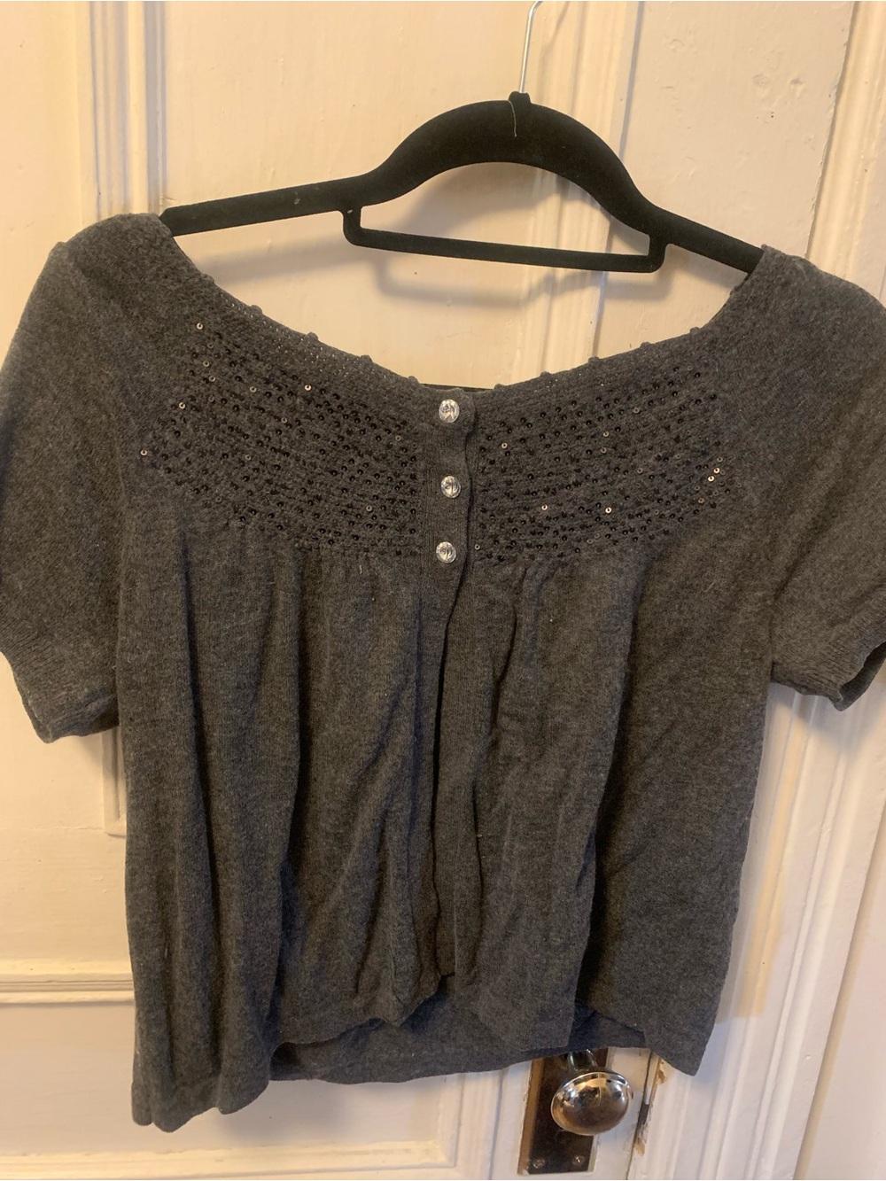 BCBGMaxAzria Charcoal Gray Short-Sleeve Sweater Top with Embellished Yoke